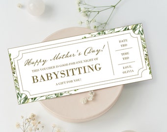 Mother's Day Babysitting Coupon Voucher  - INSTANT DOWNLOAD - EDITABLE Text - Printable, Personalized, Ticket, Certificate, Mother, Floral