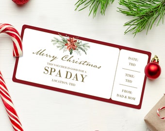 May include: A red and white Christmas gift certificate for a spa day. The certificate features a watercolor illustration of a poinsettia and pine branches. The text reads "Merry Christmas" and "This voucher is good for a SPA DAY". The certificate also includes space for the date, time, and location of the spa day.