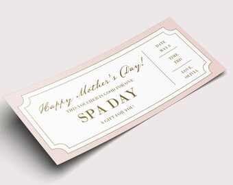 Może przedstawiać: Różowo-biały bon podarunkowy z złotymi literami, na którym widnieje napis "Happy Mother's Day! Ten bon jest ważny na jeden dzień SPA. Prezent dla Ciebie!" Bon zawiera również sekcję na datę, godzinę i spersonalizowaną wiadomość.