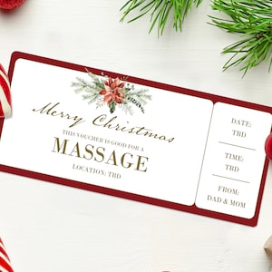 Bono de regalo de masaje navideño - DESCARGA INSTANTÁNEA - Texto EDITABLE - Imprimible, Regalos de masajes, Masajes para parejas, Cupón de descuento para Felices Fiestas