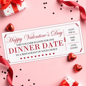 Valentine&#39;s Day Dinner Date Gift Voucher  - INSTANT DOWNLOAD - EDITABLE Text - Printable, Love, Personalized, Dinner Date Coupon, Valentines