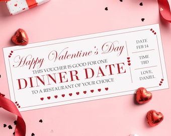 Valentine's Day Dinner Date Gift Voucher  - INSTANT DOWNLOAD - EDITABLE Text - Printable, Love, Personalized, Dinner Date Coupon, Valentines