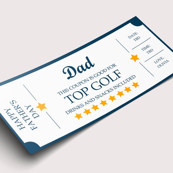 Father's Day Top Golf Certificate Coupon  - INSTANT DOWNLOAD - EDITABLE Text - Printable, Personalized, Father's Day gift from girlfriend