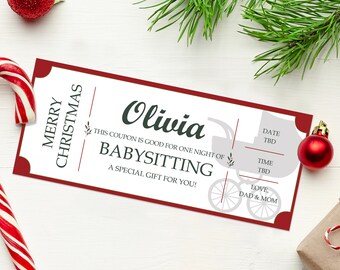 May include: Red and white Christmas coupon for babysitting with the name Olivia. The coupon is good for one night of babysitting. The coupon has a picture of a baby carriage and the text "Merry Christmas".