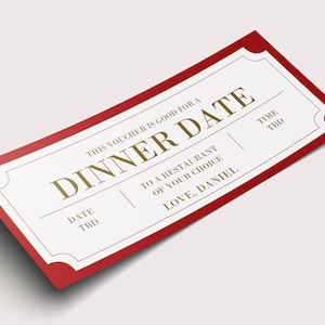 Red Dinner Date Coupon Voucher  - INSTANT DOWNLOAD - EDITABLE Text - Printable, Personalized, Ticket, Certificate, Valentine's Coupon, Love