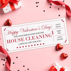 Voucher huisreinigingsbon voor Valentijnsdag - INSTANT DOWNLOAD - BEWERKBARE tekst - cadeaubon huisreiniging, waardebon huisreiniging