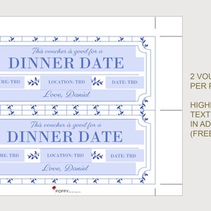 Dinner Date Coupon Voucher INSTANT DOWNLOAD EDITABLE Text Printable
