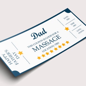 Bon de réduction pour un massage fête des pères - TÉLÉCHARGEMENT IMMÉDIAT - texte MODIFIABLE - imprimable, personnalisé, certificat, cadeau de fête des pères de sa femme