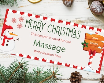 Christmas Massage Gift Voucher  - INSTANT DOWNLOAD - EDITABLE Text - Printable, Massage Gifts, Couples Massage, Christmas Coupon Ticket