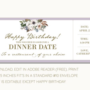 Birthday Dinner Date Gift Voucher INSTANT DOWNLOAD EDITABLE Text