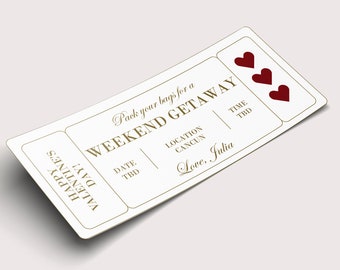 Valentine's Day Weekend Getaway Gift Voucher  - INSTANT DOWNLOAD - EDITABLE Text - Printable, Personalized, Ticket, Certificate, Coupon