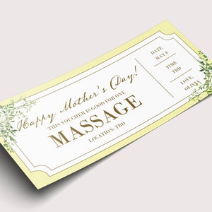 Mother&#39;s Day Massage Coupon Voucher  - INSTANT DOWNLOAD - EDITABLE Text - Printable, Personalized, Ticket, Certificate, Mother, Spa, Trip