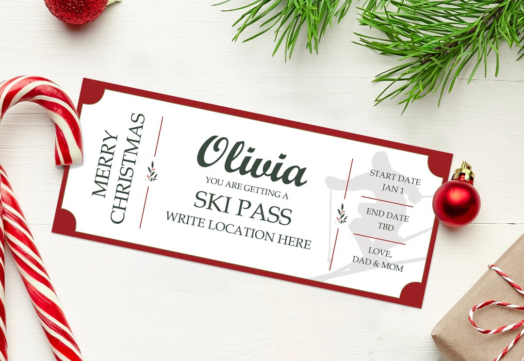 Editable Ski Pass Gift Coupon INSTANT DOWNLOAD Printable Ski Trip Gift