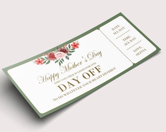 Mother's Day Time Off Coupon Voucher  - INSTANT DOWNLOAD - EDITABLE Text - Printable, Personalized, Ticket, Certificate, Day Off Coupon