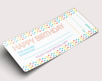 Op de afbeelding: Een witte cadeaubon met een kleurrijke confettirand. De tekst "HAPPY BIRTHDAY" is roze. De bon heeft regels voor "AAN:" en "VAN:" en zegt "DEZE BON IS GELDIG VOOR:" en "GENIET VAN JE BIJZONDERE DAG!"