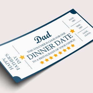 Vaderdag diner datum cadeaubon - INSTANT DOWNLOAD - BEWERKBARE tekst - Afdrukbaar, Vaderdagcadeau, Vaderdagcadeaus van vrouw