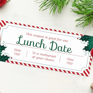 Christmas Lunch Date Gift Certificate Coupon - INSTANT DOWNLOAD - EDITABLE Text - Lunch date coupon, lunch ticket, invite to lunch