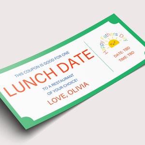 Father&#39;s Day Lunch Date Coupon Gift Certificate  - INSTANT DOWNLOAD - EDITABLE Text - Printable, Personalized, Father&#39;s Day gifts from kids