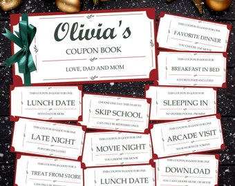 Może przedstawiać: Czerwono-biały zeszyt kuponów z zielonym tytułem "Olivia's Coupon Book" i tekstem "Love, Dad and Mom". Zeszyt zawiera kupony na takie aktywności jak "Lunch Date", "Late Night", "Movie Night", "Treat from Store", "Skip School", "Breakfast in Bed", "Sleeping In", "Arcade Visit" i "Download".