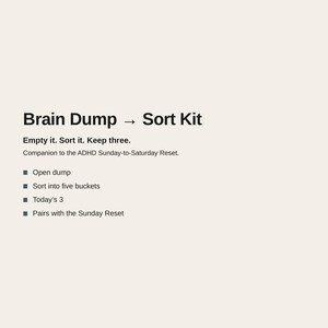 May include: A digital document titled Brain Dump Sort Kit with the text Empty it. Sort it. Keep three. Companion to the ADHD Sunday-to-Saturday Reset. It lists Open dump, Sort into five buckets, Today's 3, and Pairs with the Sunday Reset. Bottom boxes state 8 pages, Undated, Letter + A4, and Instant download.