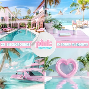 Puede incluir: Una ilustración digital de un flotador de piscina en forma de corazón rosa con el texto "pink summer" en un círculo. La imagen también incluye un yate rosa y blanco, una casa rosa y blanca y una mesa rosa y blanca con un cuaderno encima.