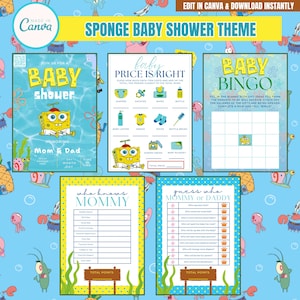 May include: A baby shower theme featuring SpongeBob SquarePants. The design includes invitations, a "Price is Right" game, a bingo game, and other activities. The background is light blue with cartoon sea creatures and bubbles.