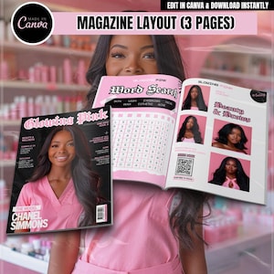Pode incluir: Uma capa de revista rosa com o título "Glowing Pink" e uma foto de uma mulher com um fundo rosa. A capa da revista também inclui o texto "Beauty & Wellness" e "Summer of 24" em texto branco. O nome da modelo é Chanel Simmons. A revista está aberta a uma página com um quebra-cabeça de busca de palavras e uma página com fotos de mulheres com fundos rosas.