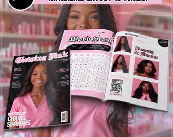 May include: A pink magazine cover with the title "Glowing Pink" and a photo of a woman with a pink background. The magazine cover also includes the text "Beauty & Wellness" and "Summer of 24" in white text. The model's name is Chanel Simmons. The magazine is open to a page with a word search puzzle and a page with photos of women with pink backgrounds.