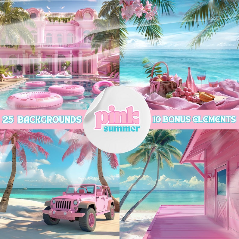 Pink Summer Backgrounds & Elements, Digital, Backdrops, Girly, Beach ...