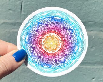 Rainbow Mandala Vinyl Sticker White Outline Waterproof