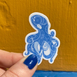 Bright Blue Octopus Mandala Pattern White Outline Waterproof Sticker, Matte