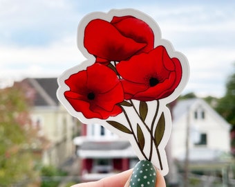 Poppy Flowers Vinyl Sticker Waterproof, White Outline, Realistic Flower, Leafs, Floral, VSCO girl