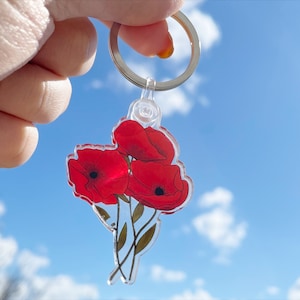 Poppy Flowers Acrylic  Keychain, Realistic Flower, Leafs, Floral, VSCO girl