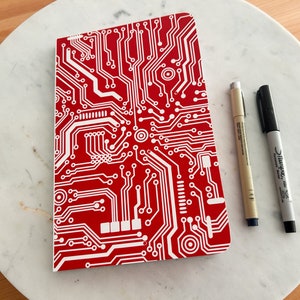 Red Softcover Lined Notebook Circuit Microchip Print