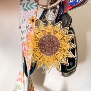 Sunflower Mandala Print Keychain, Trendy Keychain, Mustard Yellow, Floral, VSCO girl