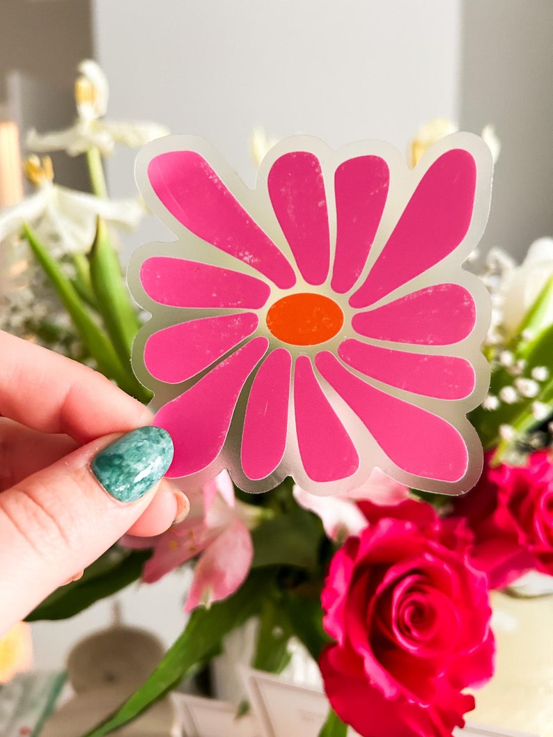 Pink Daisy Sticker Matte Pink Retro Daisy Vinyl Sticker Waterproof - Etsy