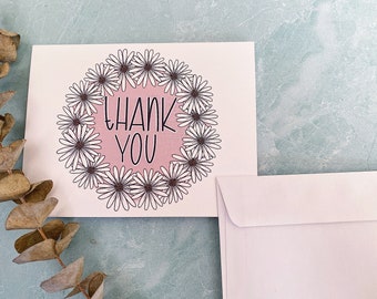 Pink Daisy Pattern THANK YOU Card With Envelope, Gift, Girl, Note, Grateful, Thankful, Mail, snailmail