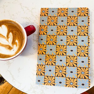Softcover Lined Notebook Blue and Yellow Retro Floral Print