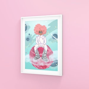 May include: A digital illustration of a person with pink hair wearing a white spacesuit and a visor, sitting on a pink and red planet in space. The background is a light blue with white clouds and stars.