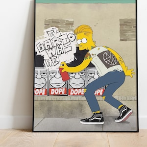 May include: A yellow cartoon character with a peace sign tattoo spray painting a wall with the words "El Barto Was Here" in black and white. The character is wearing a white shirt with a black peace sign, blue jeans, and black sneakers. The wall is covered in red and white "Dope" stickers.