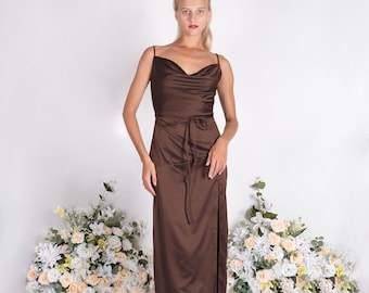 Brown satin bridesmaid dress, wedding dress, bridesmaid dresses, custom dress, long dress, slit dress, cowl neck dress, summer dress, plus