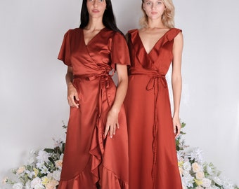 Rust satin bridesmaid dress, wedding dress, bridesmaid dresses, wedding dresses, long dress, wrap dress, spaghetti dress, ruffle dress, maxi