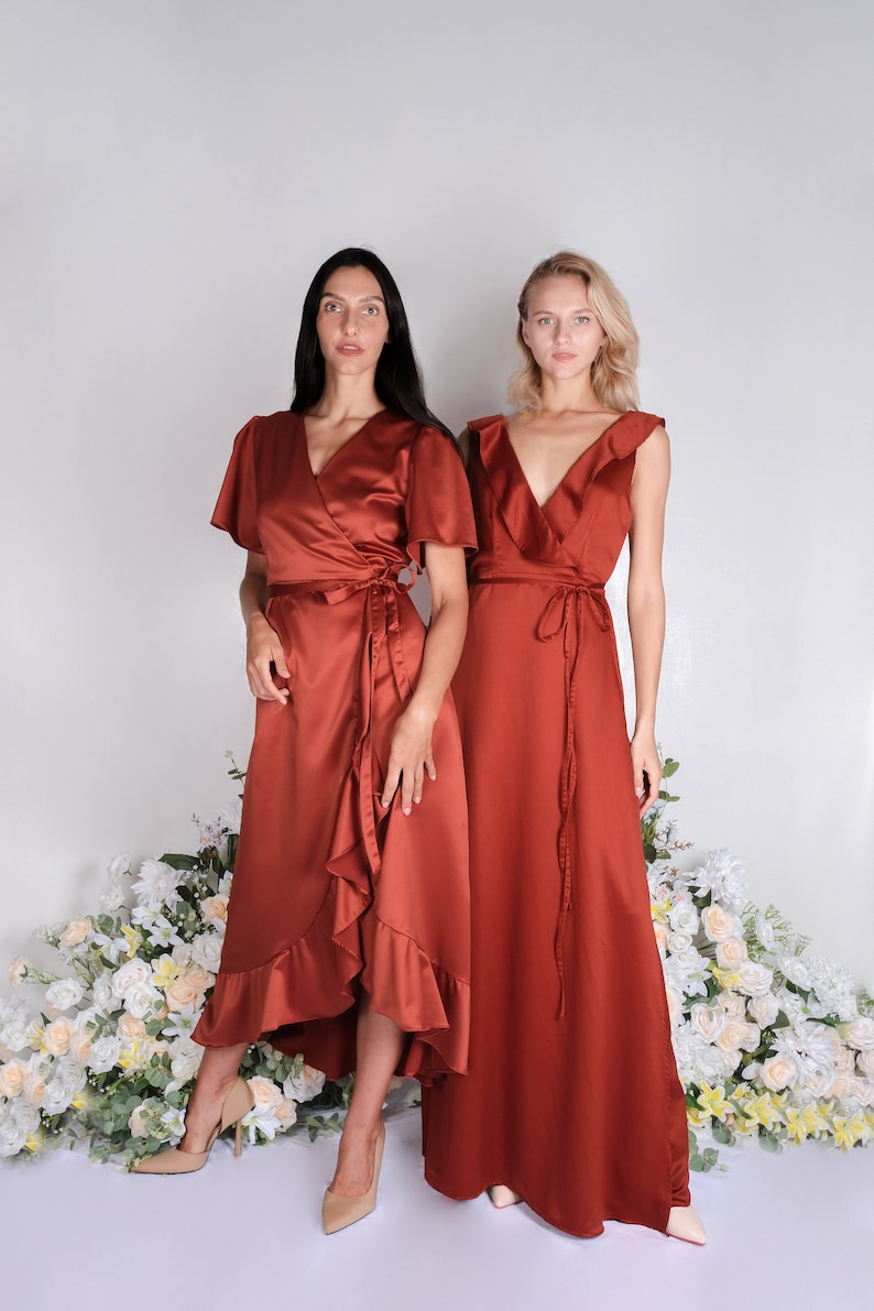 Rust satin bridesmaid dress, wedding dress, bridesmaid dresses, wedding dresses, long dress, wrap dress, spaghetti dress, ruffle dress, maxi image 1