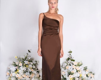 Brown color satin bridesmaid dress, wedding dress, bridesmaid dresses, custom dress, long dress, One shoulder dress, summer dress , slip