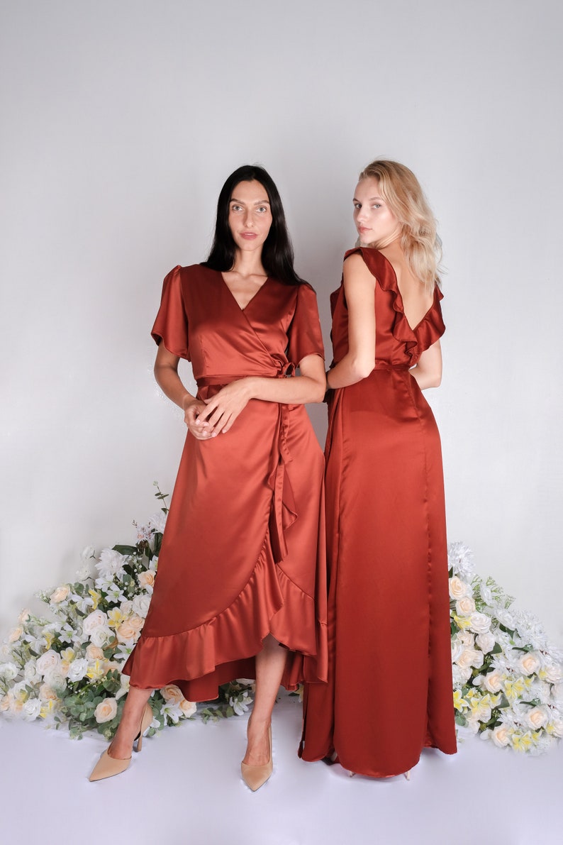 Rust satin bridesmaid dress, wedding dress, bridesmaid dresses, wedding dresses, long dress, wrap dress, spaghetti dress, ruffle dress, maxi image 3