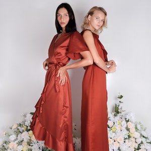 Rust satin bridesmaid dress, wedding dress, bridesmaid dresses, wedding dresses, long dress, wrap dress, spaghetti dress, ruffle dress, maxi image 5