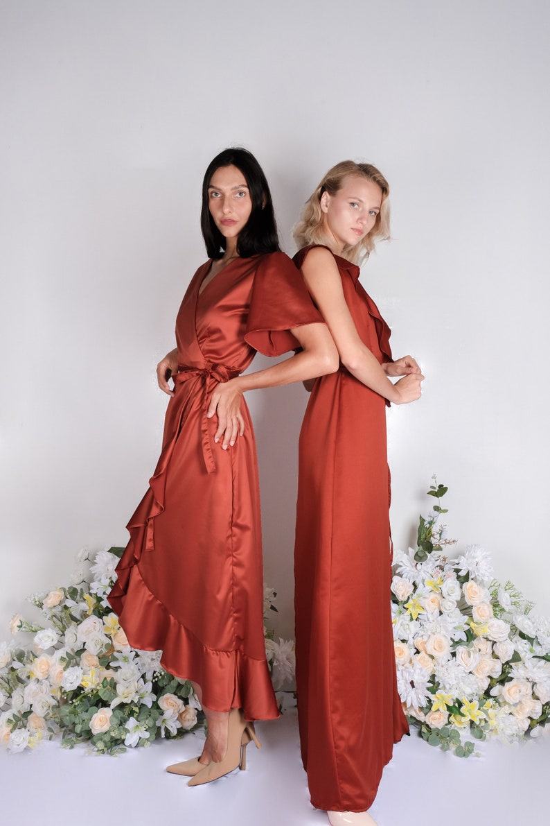 Rust satin bridesmaid dress, wedding dress, bridesmaid dresses, wedding dresses, long dress, wrap dress, spaghetti dress, ruffle dress, maxi image 5