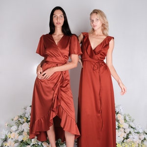 Rust satin bridesmaid dress, wedding dress, bridesmaid dresses, wedding dresses, long dress, wrap dress, spaghetti dress, ruffle dress, maxi image 2