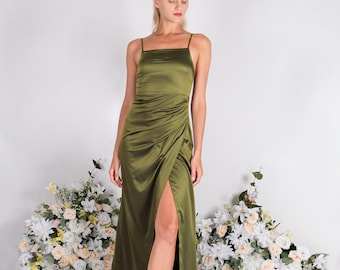 Vestido de dama de honor de satén con escote cuadrado verde oliva oscuro, vestido de novia, vestidos de dama de honor, vestido personalizado, vestido largo, vestido de deslizamiento, vestido de verano