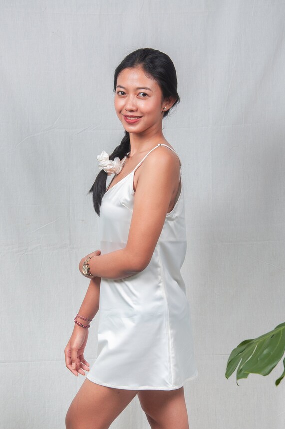 white satin slip dress short